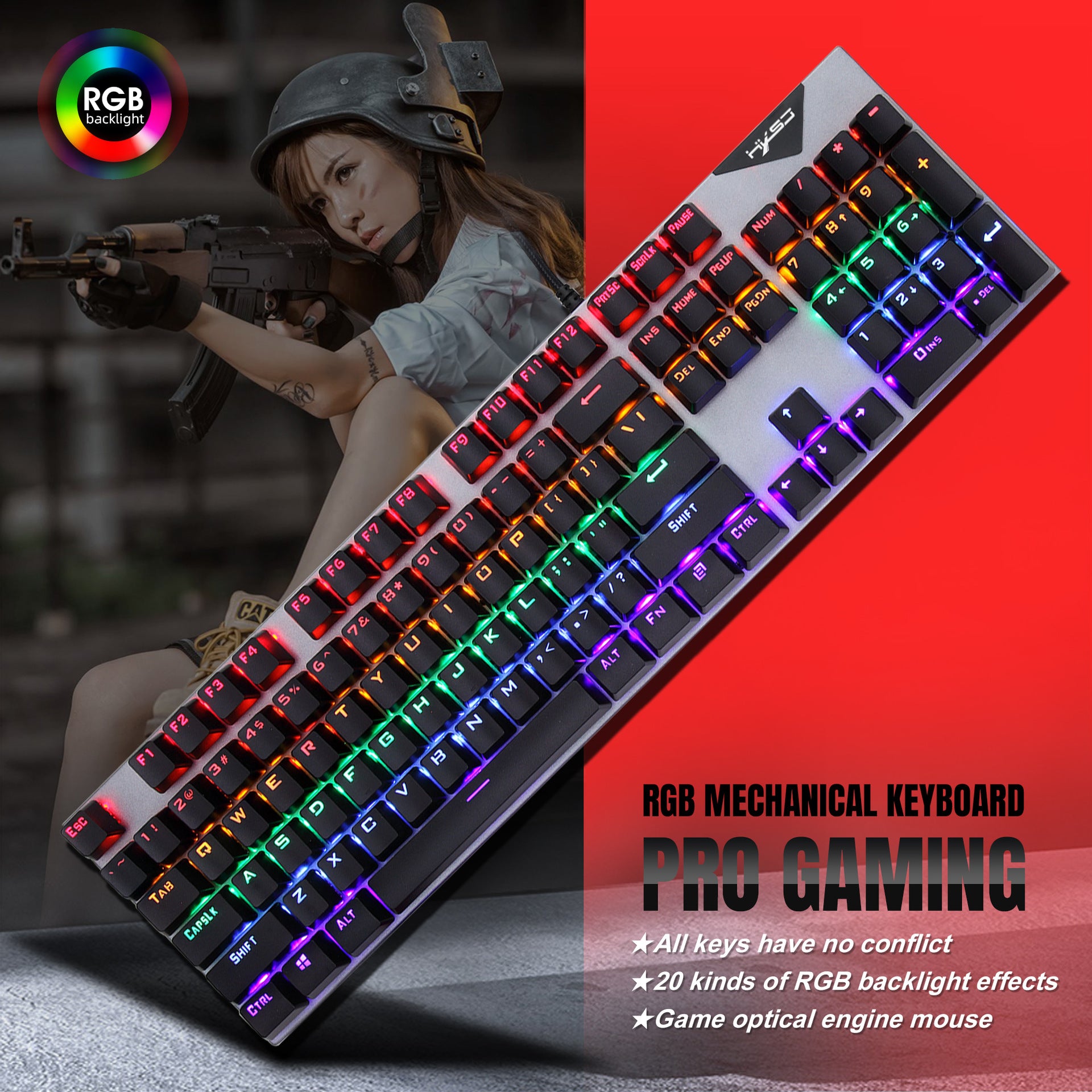 Pack Teclado Mecánico + Ratón Gaming RGB L300+J300 – 104 Teclas con Cable USB