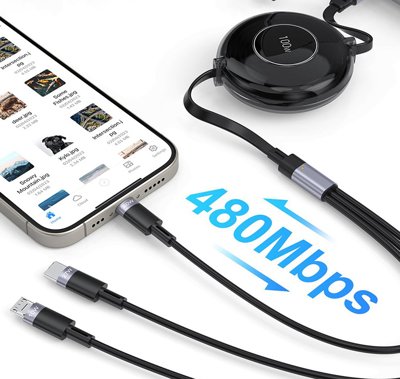 Cable USB-C 100W Multifunción 5 en 1 con Carga Rápida PD – Telescópico 1.2m