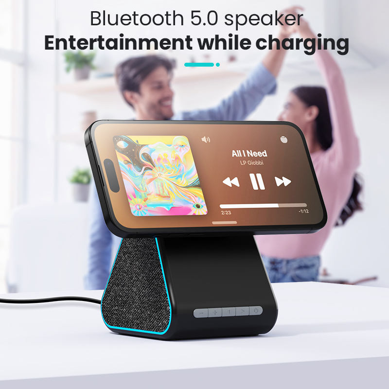Cargador inalámbrico magnético con altavoz Bluetooth para iPhone – 2 en 1 para tu escritorio