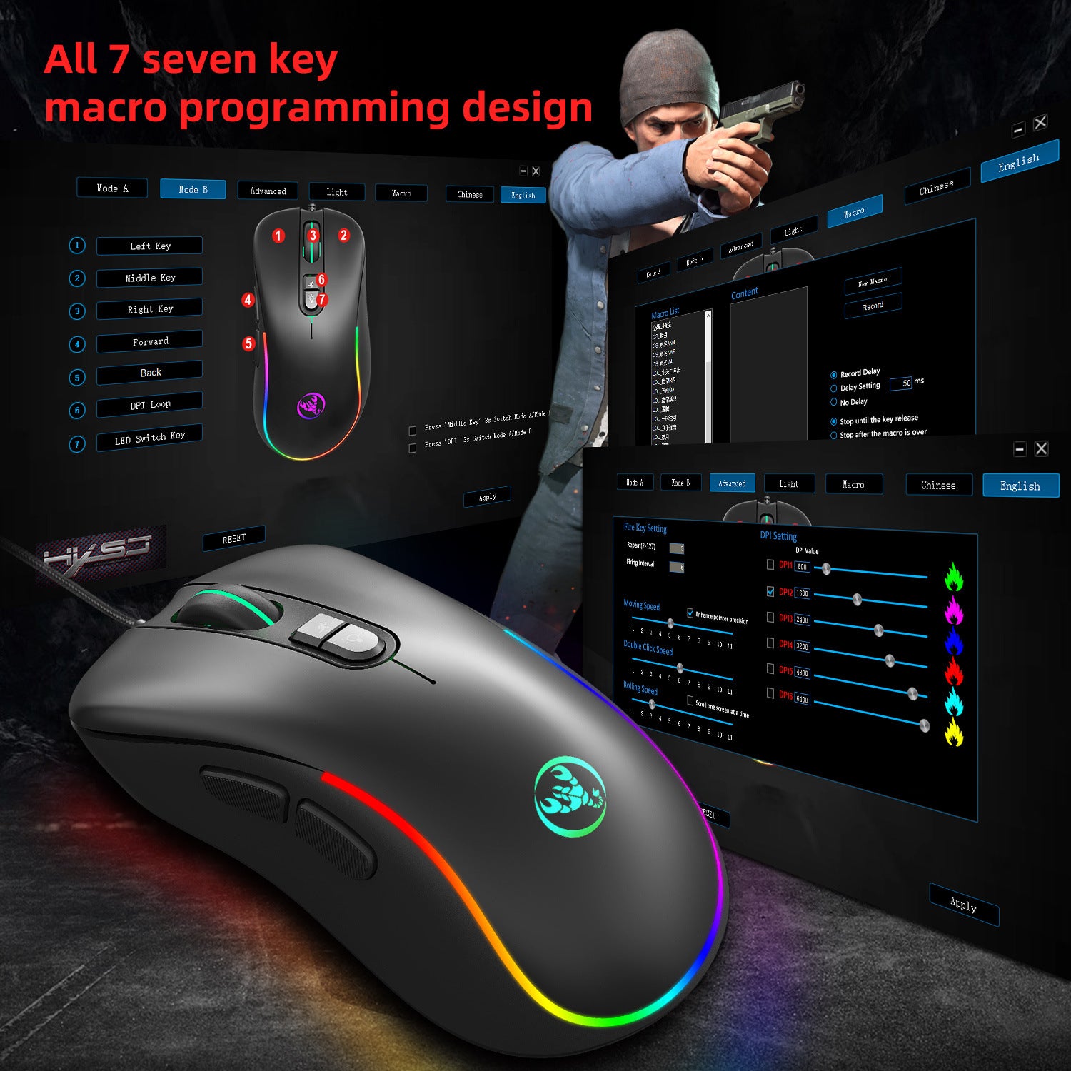 Pack Teclado Mecánico + Ratón Gaming RGB L300+J300 – 104 Teclas con Cable USB
