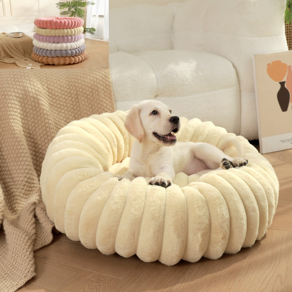 Cama redonda de felpa para mascotas – Cálida, suave y antideslizante | Varios tamaños y colores