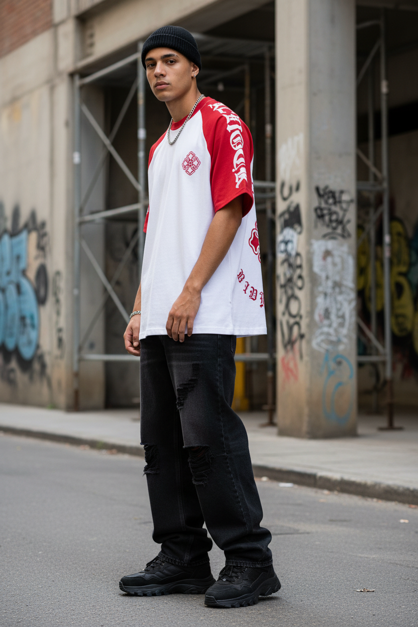 Modelo con camiseta raglan roja Gothic Cross calle