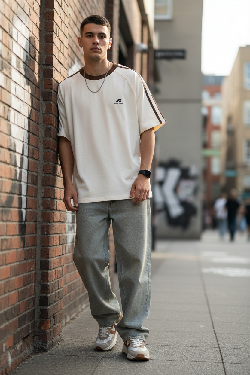 Modelo con camiseta oversize crema y rayas marrones