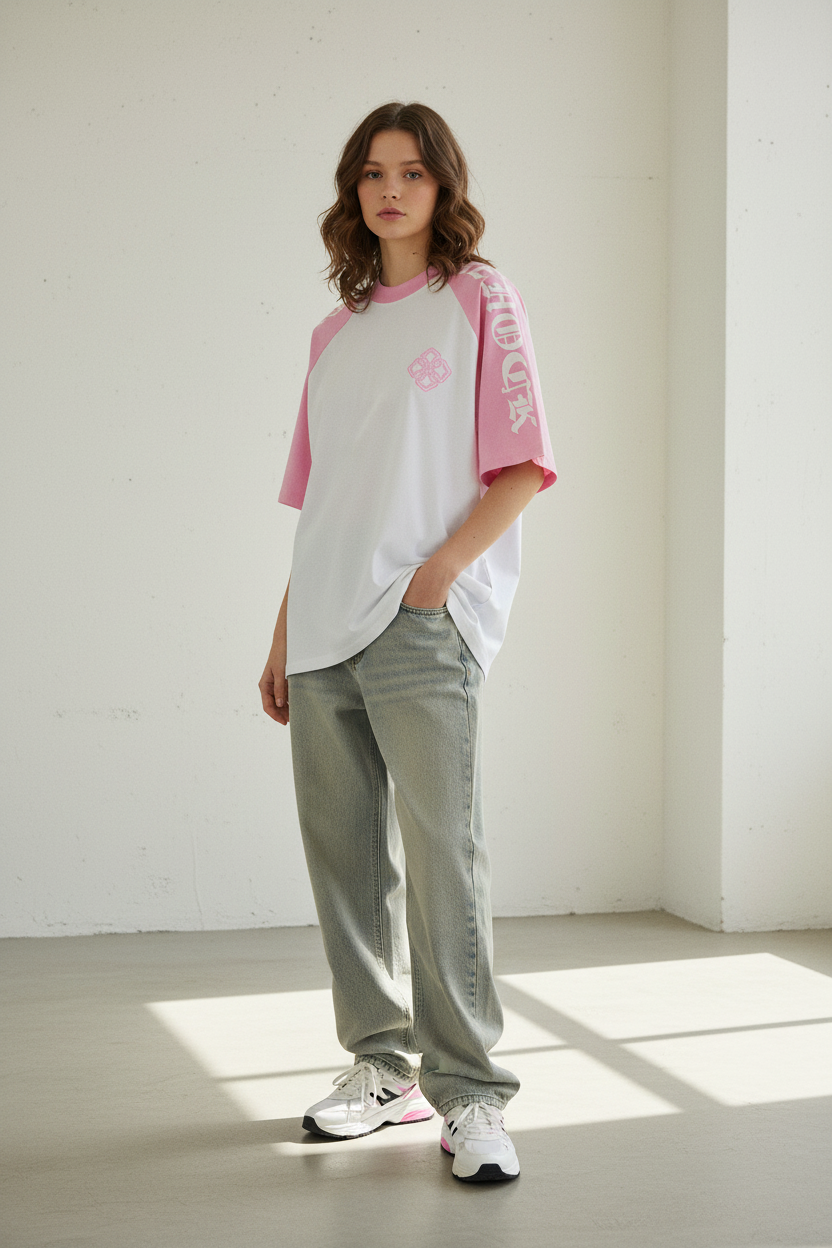 Modelo femenino con camiseta raglan rosa Gothic Cross lifestyle