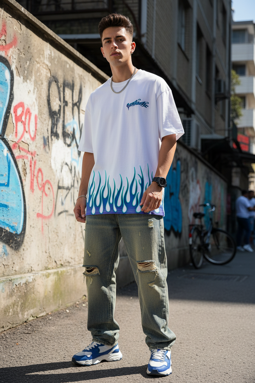 Modelo con camiseta blanca Fantastic llamas azules exterior urbano